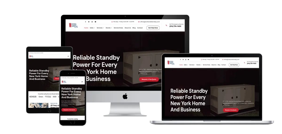 Affordable web design in Vermont: the National Standby Repair website by Esker Designs on a desktop, laptop, tablet, and phone
