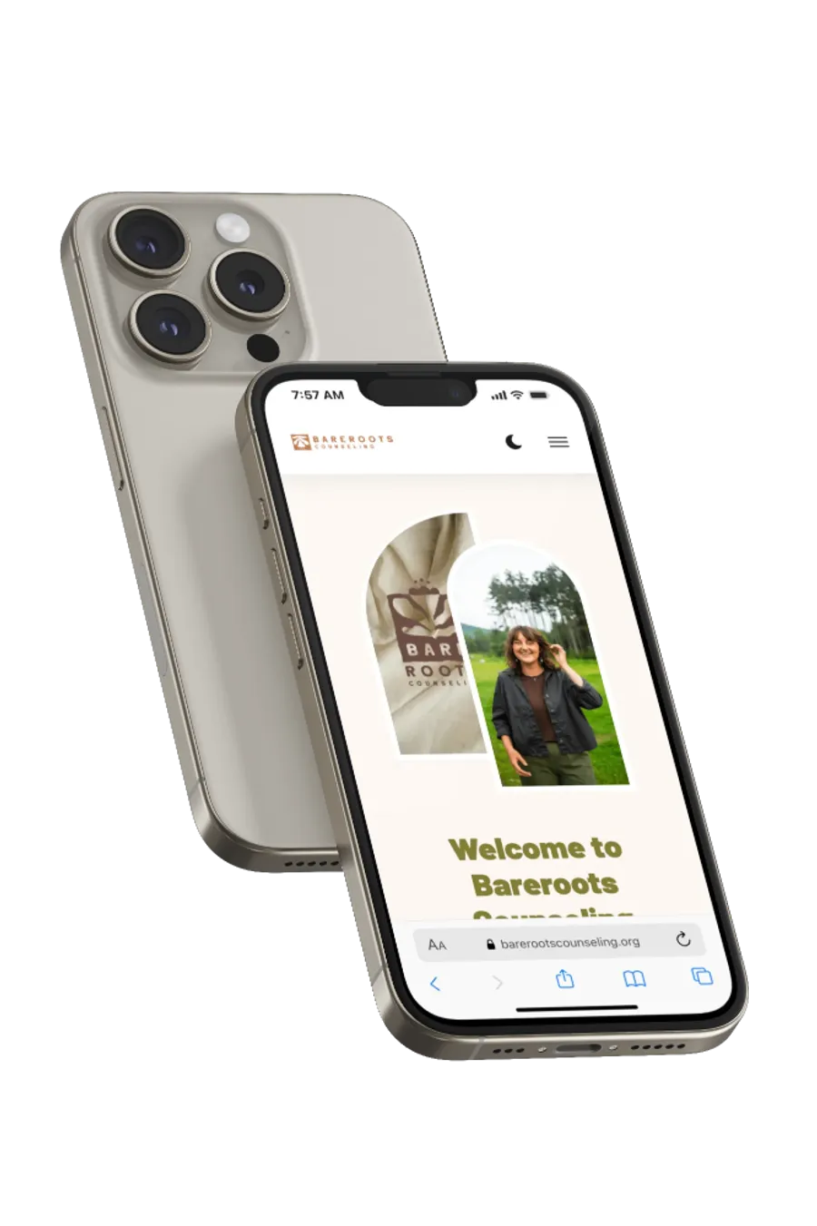 Responsive web designer Vermont: the Bareroots Counseling website by Esker Designs shown on a phone in a mobile-first responsive design