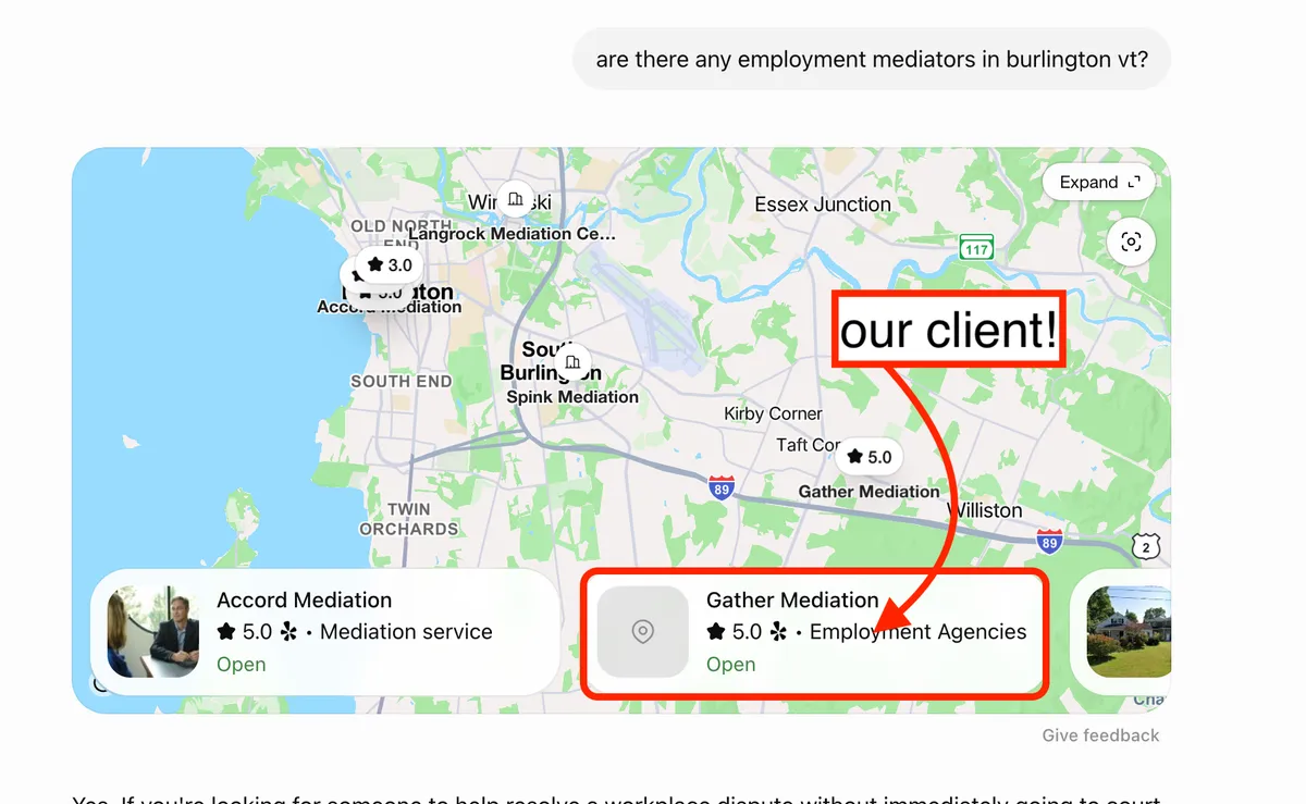 AI search result recommending an Esker Designs client as a top local business in Vermont