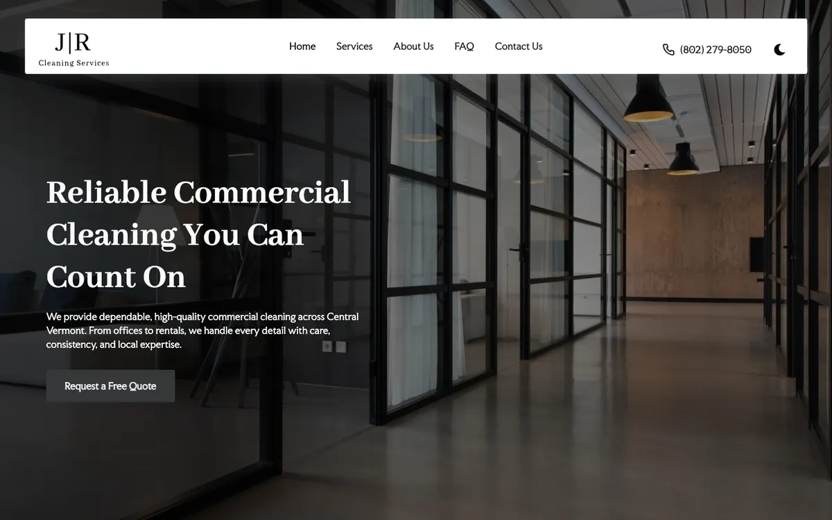 SEO for cleaning companies in Vermont: the J|R Cleaning Services homepage for a Barre, VT commercial cleaning company, built by Esker Designs