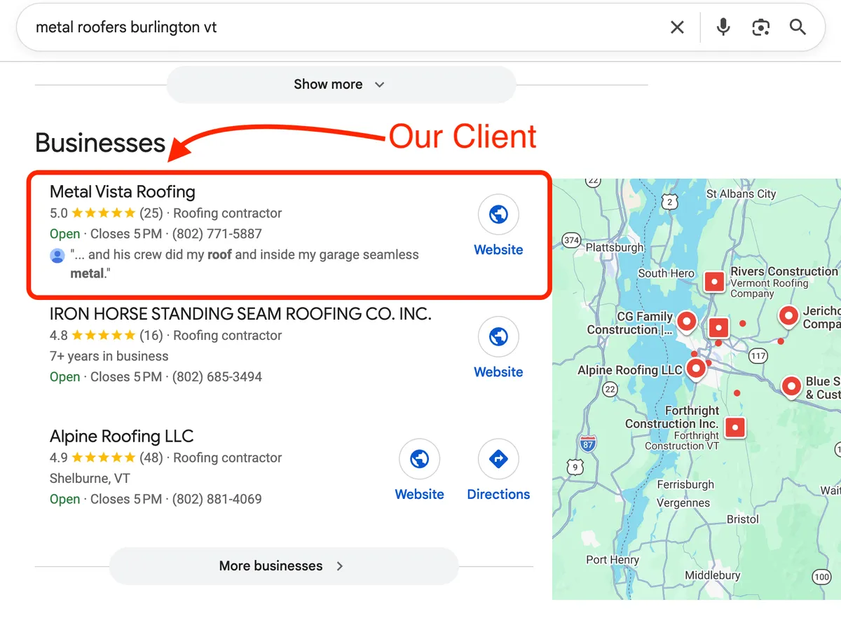 Local SEO in Burlington VT: our client Metal Vista Roofing ranked first in the Google map pack for metal roofers burlington vt