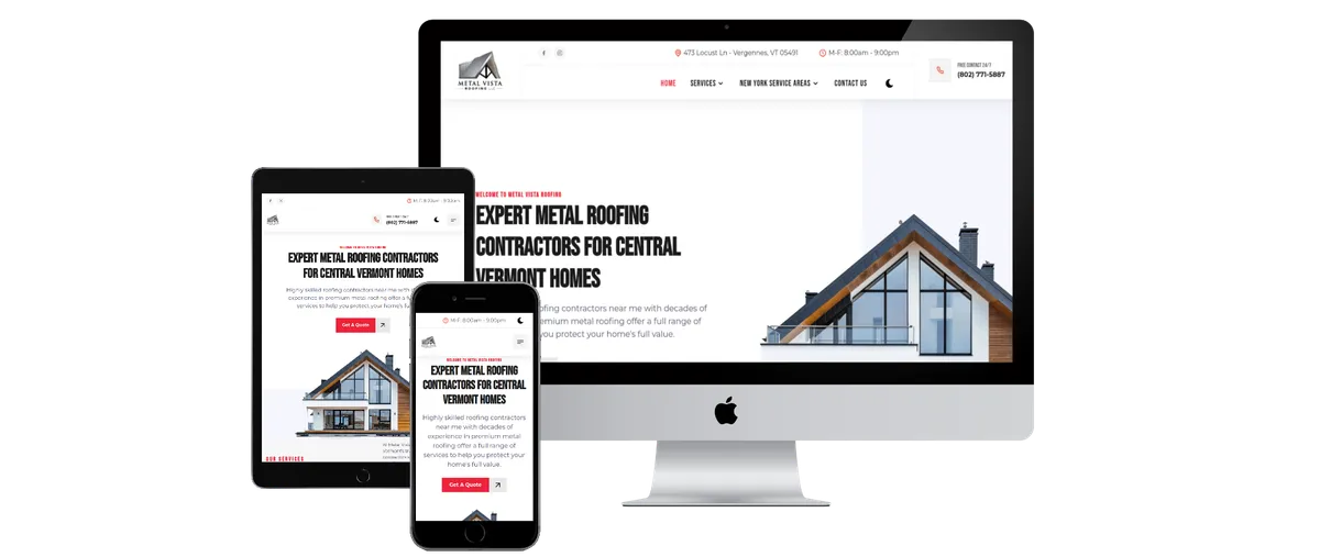Web design in Burlington, VT: the Metal Vista Roofing website built by Esker Designs