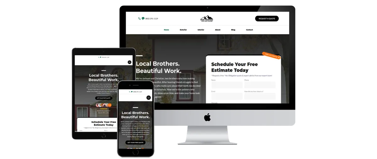 Web design for contractors in Vermont: the Peak Painting website built by Esker Designs shown on a desktop, tablet, and phone