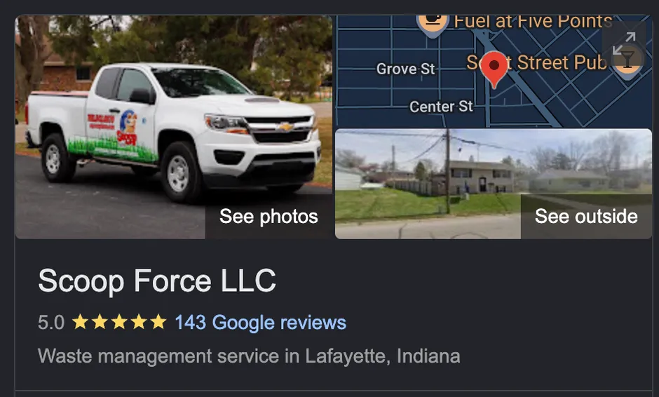 Google Business Profile for Scoop Force LLC showing a 5.0 rating with 143 reviews after working with Esker Designs