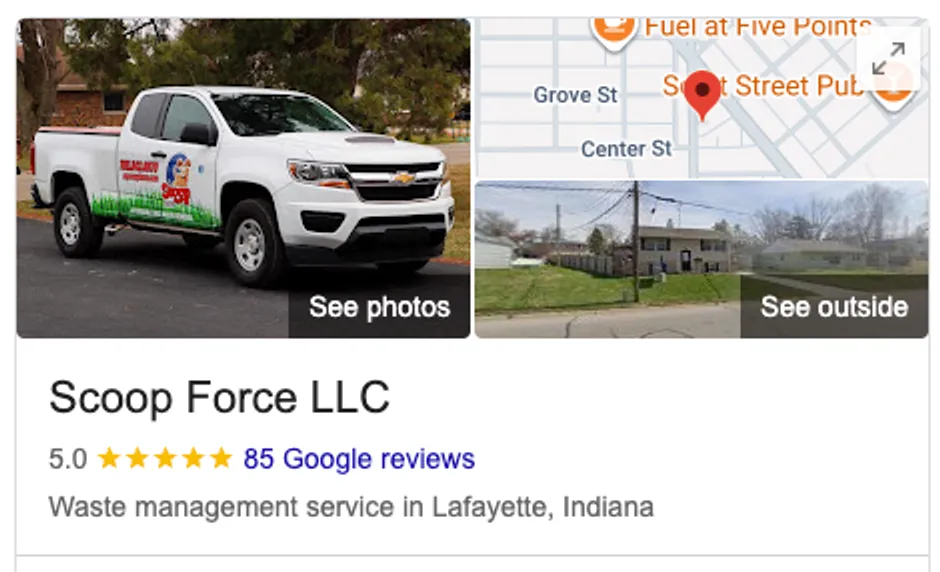 The same Scoop Force LLC Google Business Profile partway through, showing 85 reviews