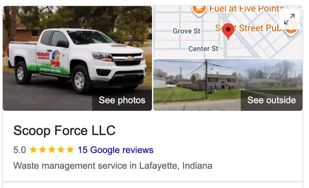 Google Business Profile for Scoop Force LLC showing 15 reviews before review automation