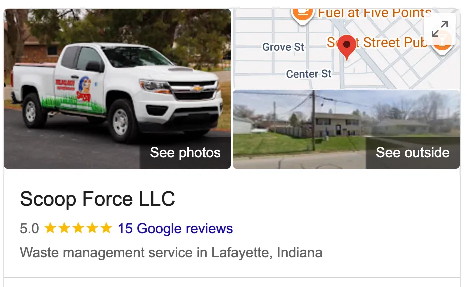 Google Business Profile for Scoop Force LLC showing 15 reviews before working with Esker Designs