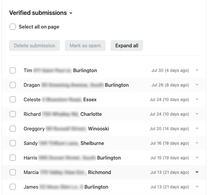 Verified form submissions from a landscaping client, showing a steady stream of qualified leads