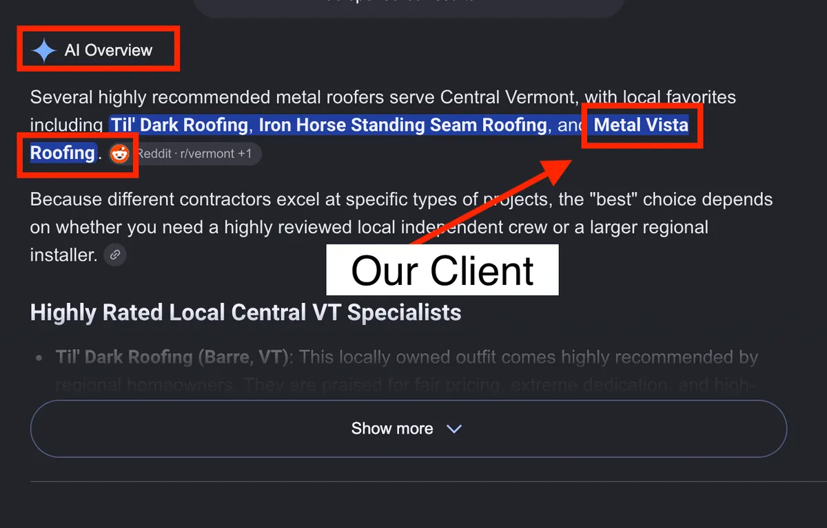 Google AI Overview recommending Metal Vista Roofing, an Esker Designs client, among the best metal roofers in Central Vermont