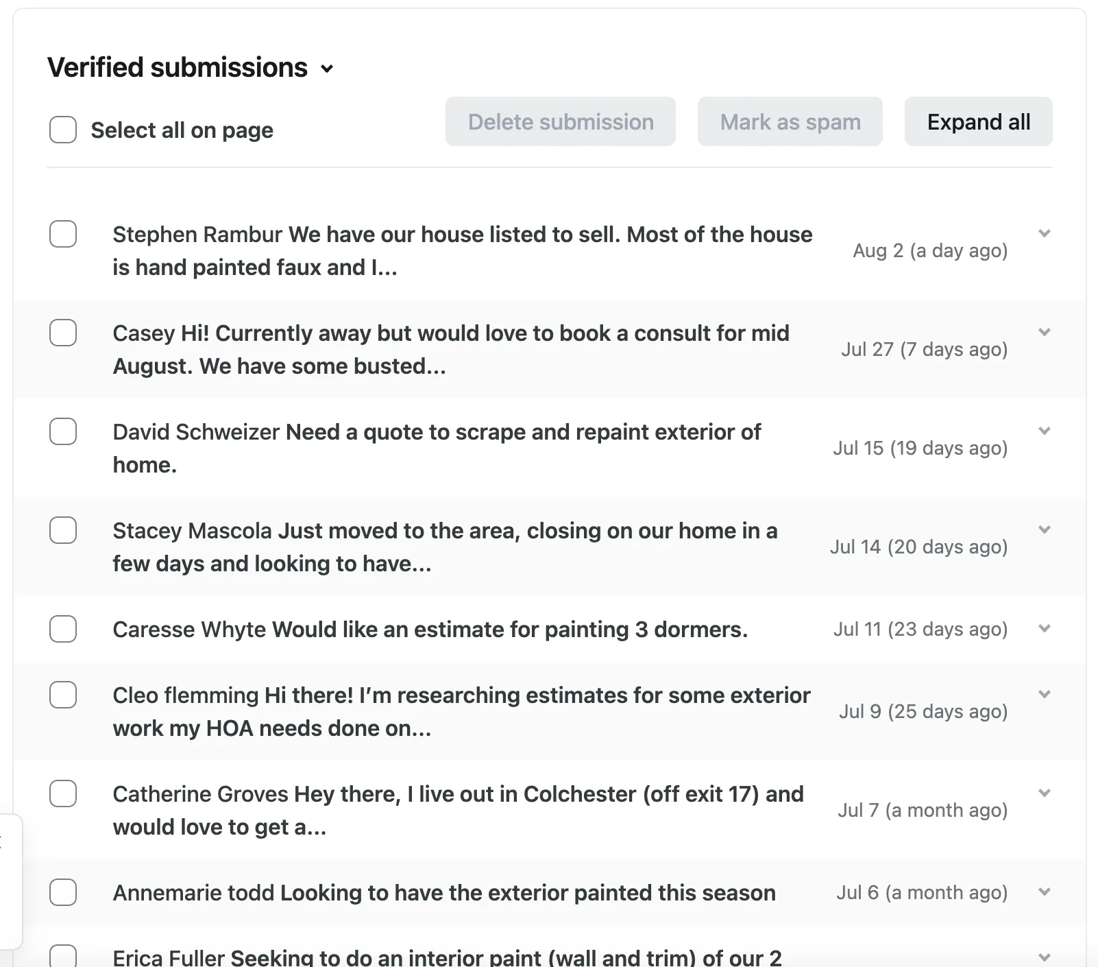 Verified contact form submissions for a painting company, with homeowners asking about exterior repaints, interior work, and estimates