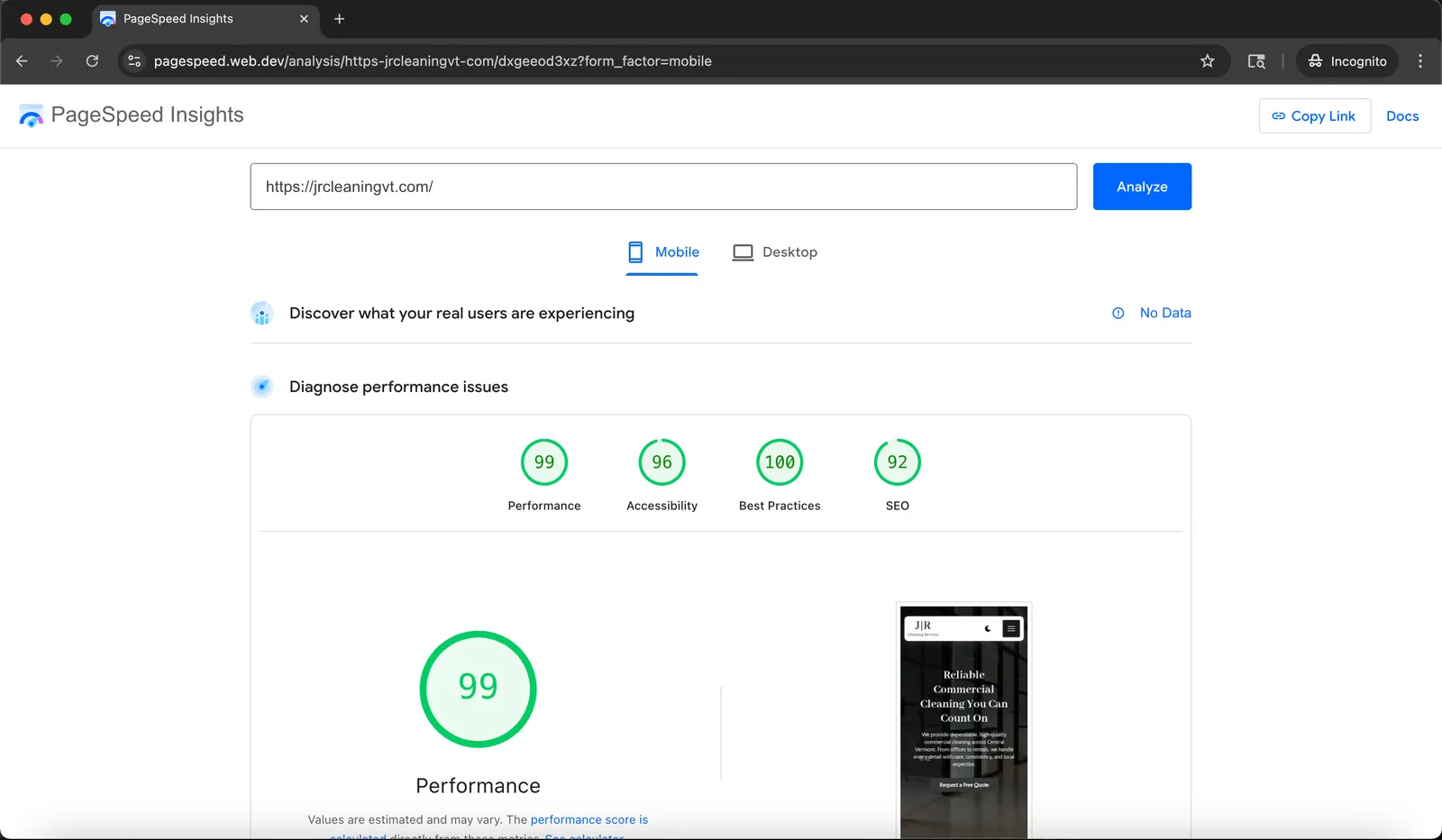 Speed test result