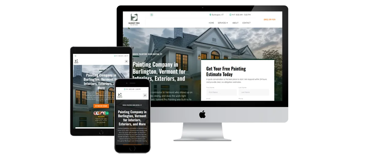 Summit Pro Painting, a Burlington, Vermont painting contractor website built by Esker Designs, on a desktop, tablet, and phone