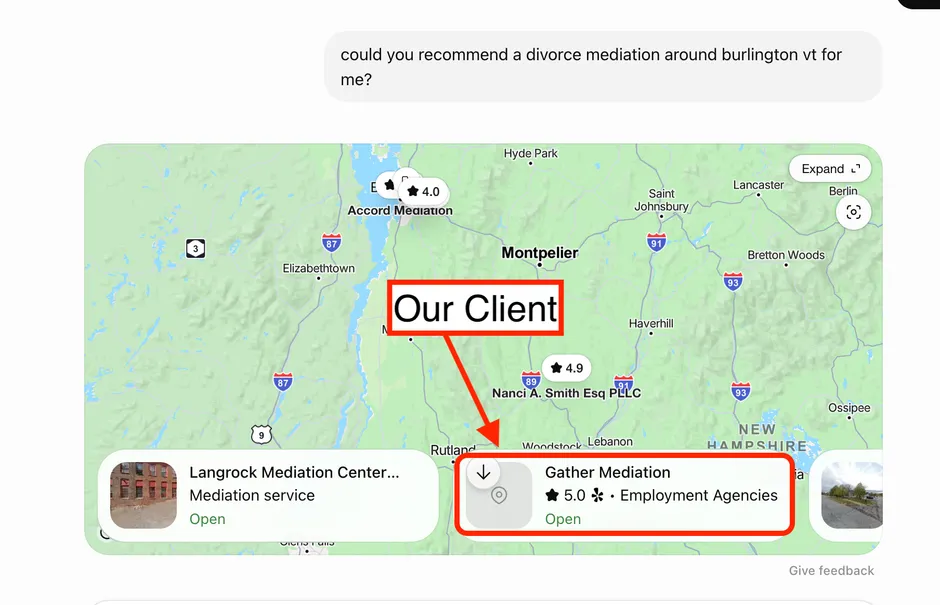 AI search result for divorce mediation around Burlington VT recommending Gather Mediation, an Esker Designs client