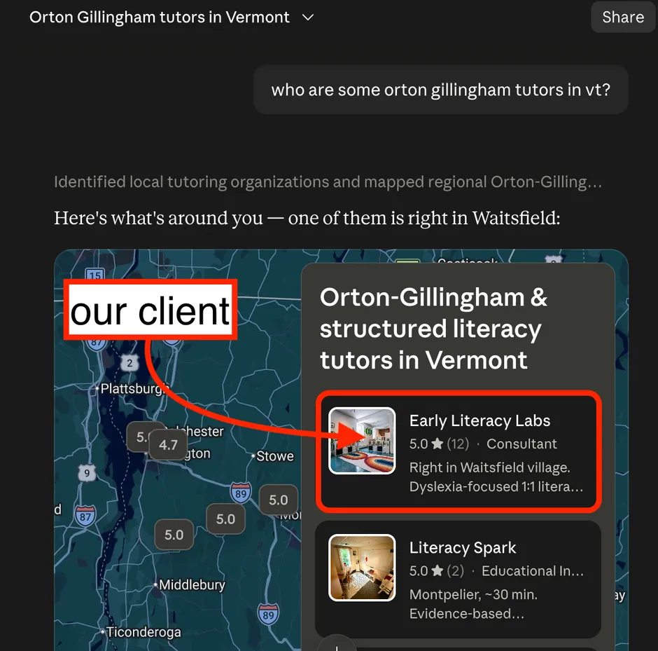 Claude recommending Early Literacy Labs in Waitsfield, an Esker Designs client, as an Orton-Gillingham tutor in Vermont