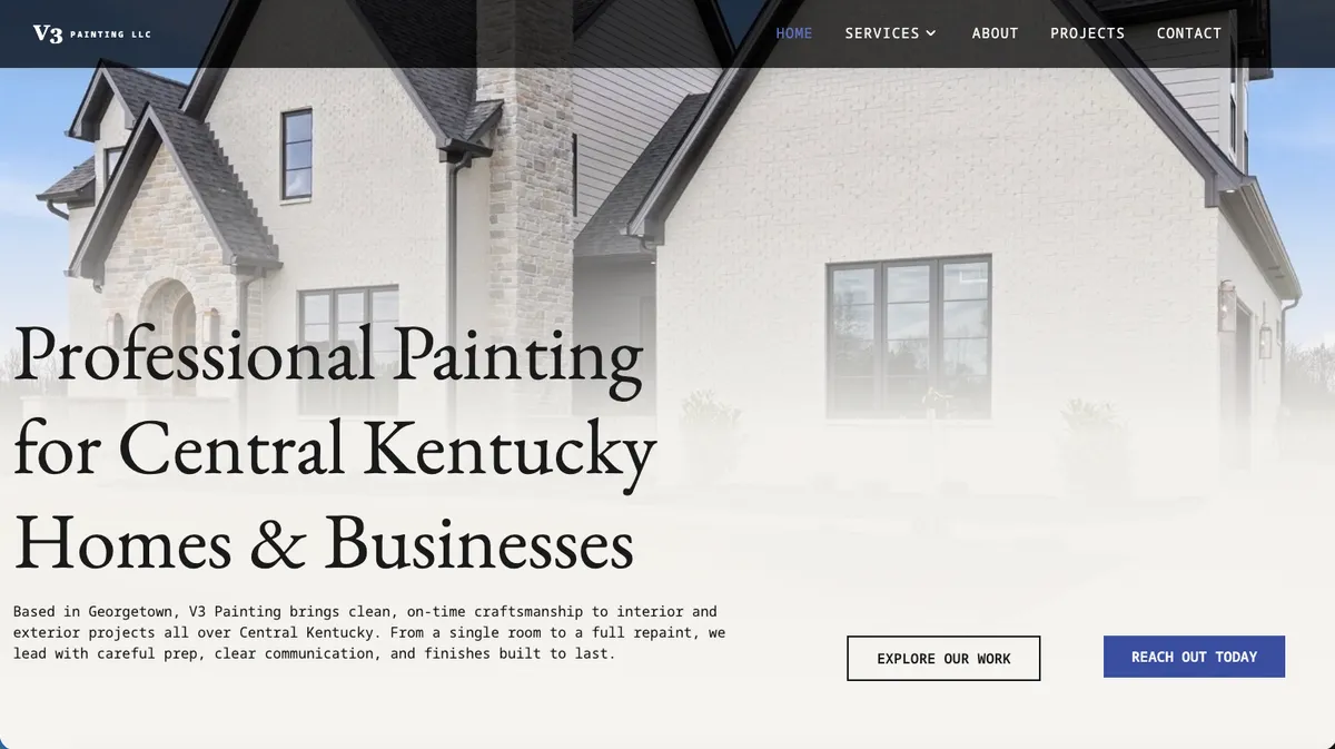 Homepage of V3 Painting, a contractor website built by Esker Designs